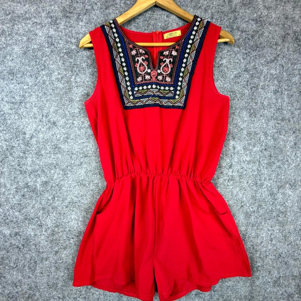 Extra Belleza Romper Women Medium Red Embroidered Split Neck Aztec‎ Bright Fun